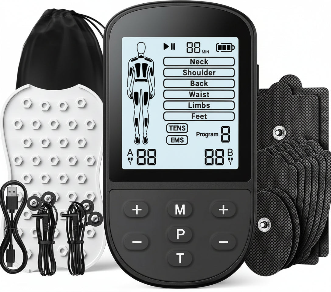 TENS Unit Muscle Stimulator, EMS Massager Machine, Dual Channel Electronic Pulse Physical Therapy Machine for Back Pain Relief, Shoulder Recovery, Muscle Relaxation, 24 Modes,10 TENS Unit Pads,Black