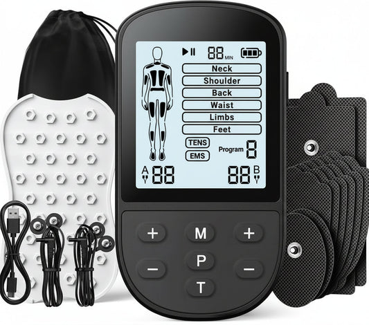 TENS Unit Muscle Stimulator, EMS Massager Machine, Dual Channel Electronic Pulse Physical Therapy Machine for Back Pain Relief, Shoulder Recovery, Muscle Relaxation, 24 Modes,10 TENS Unit Pads,Black