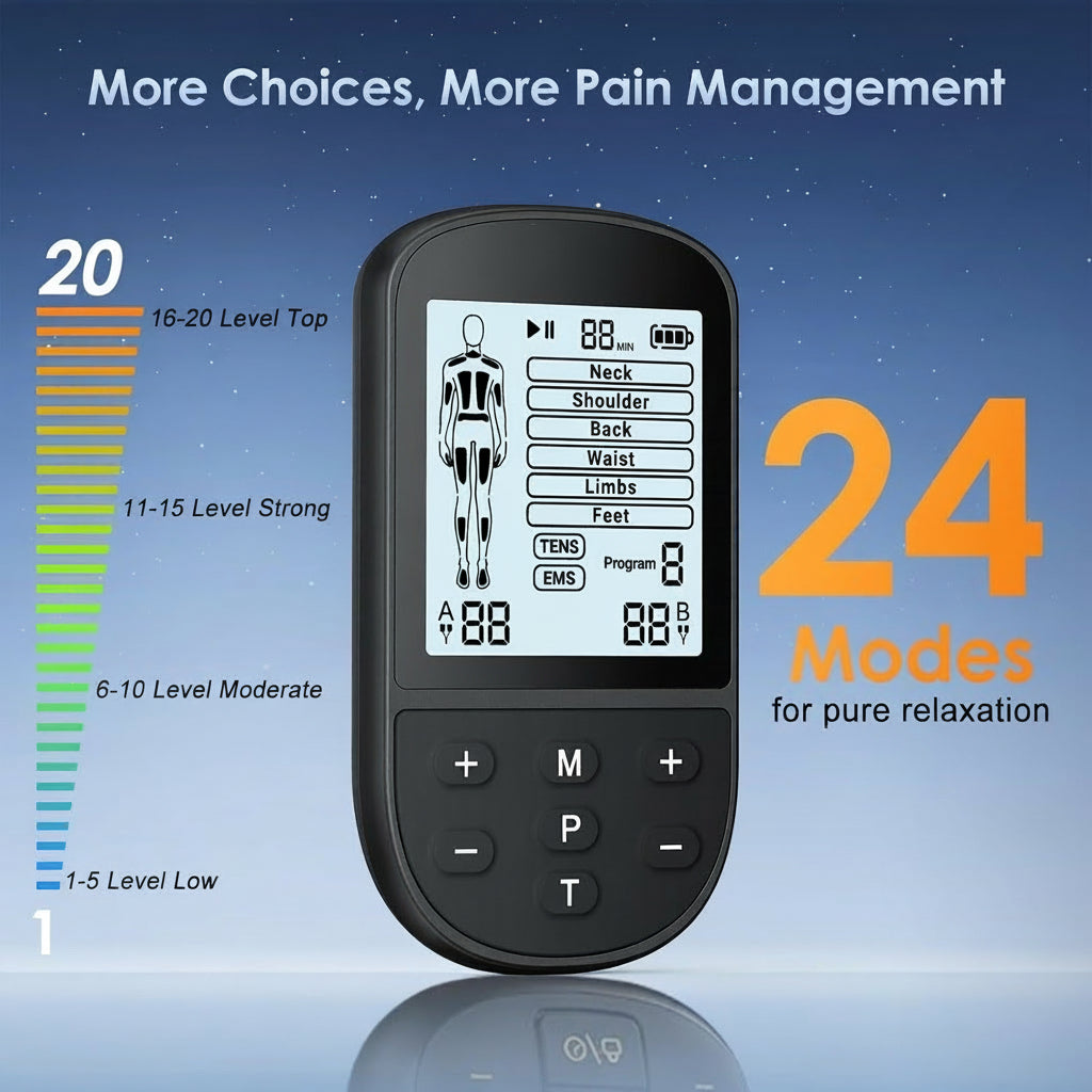 TENS Unit Muscle Stimulator, EMS Massager Machine, Dual Channel Electronic Pulse Physical Therapy Machine for Back Pain Relief, Shoulder Recovery, Muscle Relaxation, 24 Modes,10 TENS Unit Pads,Black